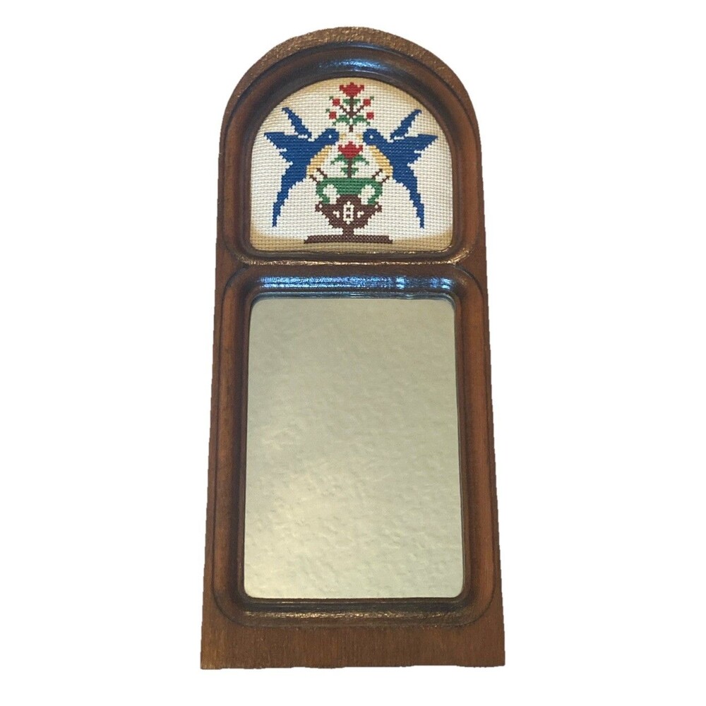 Vtg 80s Wood Mirror Cross Stitch Needlepoint Hummingbird Floral Wall Hanging